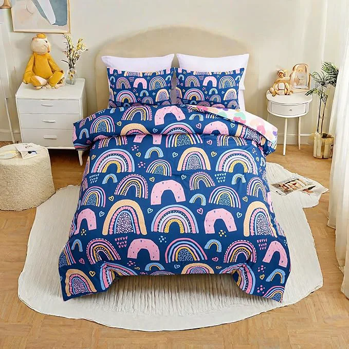 Comfortable Btargot Lightweight Soft 3 Piece Rainbow Comforter Set with 2 Pillow Covers Cartoon Love Hearts Suns and Stars Bedding Set for Girls Boys Kids Twin Dark Blue Next-Generation