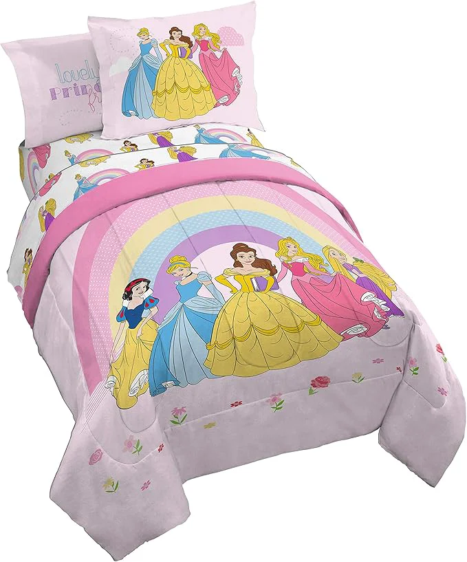 Premium Jay Franco Disney Princess Rainbow 5 Piece Twin Bed Set – Includes Comforter amp Sheet Set – Bedding Features Aurora Belle amp Cinderella – Super Soft Fade Resistant Microfiber Innovative
