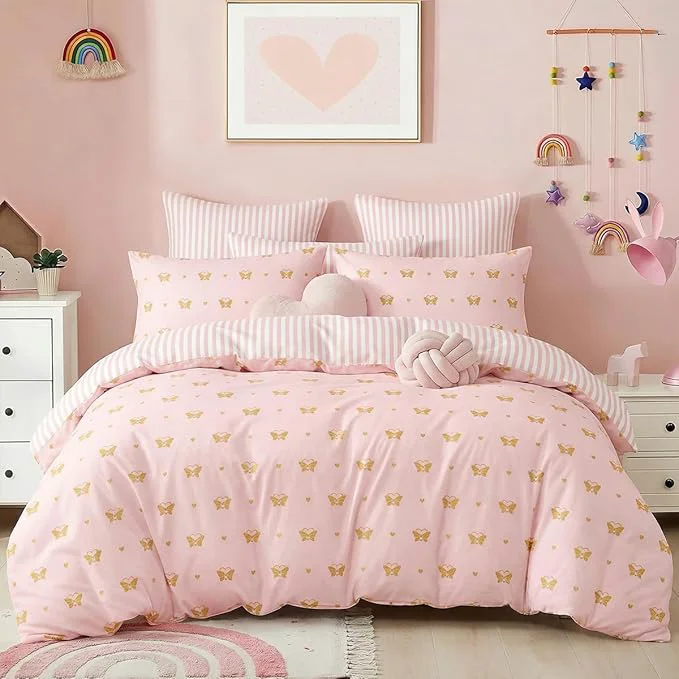 Pure Pink Comforter Set Queen Gold Heart Butterfly Bedding Set for Girls Kids Reversible Pink White Wide Striped Pattern Coquette Comforter 3 Pieces with 2 Pillowcases Soft Microfiber Professional