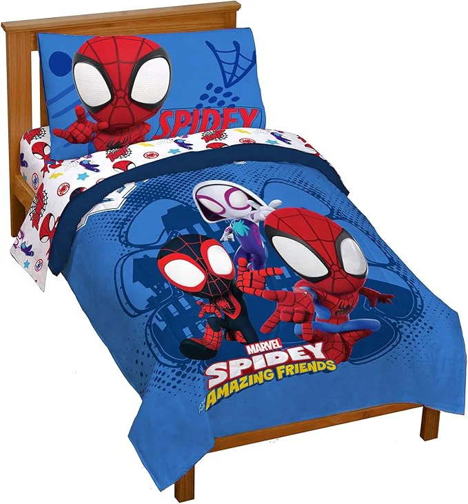 High-End Jay Franco Marvel Spidey and His Friends Team Spidey 4 Piece Toddler Size Bed Set – Super Soft Microfiber – Includes Comforter amp Sheet Set Bedding Marvel Product Fast