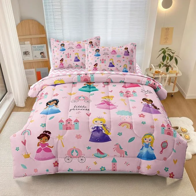 Sustainable Kids al Princess Comforter Set Bed in a Bag Full Size- 5 Piece Soft Cute Castle Bedding Set for Girls 1 Comforter 1 Flat Sheet 1 Fitted Sheet 2 Pillowcases Pink Traditional