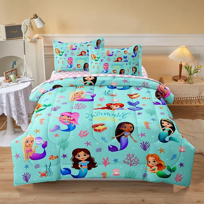 Premium Kids Twin Comforter Set with Sheets for Girls 5-Piece Complete Set Easy-Wash Super Soft Microfiber Comforter Bedding Mermaid Bed Set Twin Size Prestigious