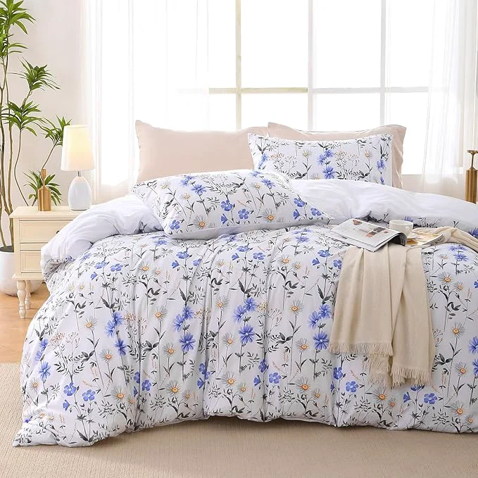 Sophisticated Duvet Cover King Size Reversible Floral Vintage Duvet Cover Set with Zipper Closure 3 Pieces Botanical Patterns Soft Microfiber Bedding Set 90 quot x104 quot 2 Pillow Cases 20 quot ×36 quot Purple Blue Daisy First-Class