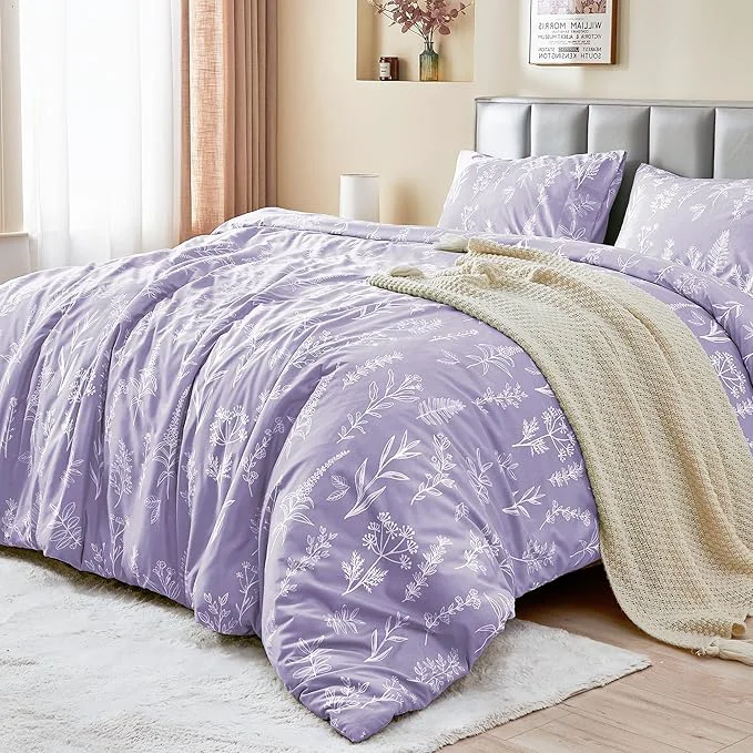 Casual MUXHOMO Duvet Cover King Size Reversible Floral Lavender Duvet Cover Set with Zipper Closure 3 Pieces Botanical Patterns Soft Microfiber Bedding Set 90 quot x104 quot 2 Pillow Cases 20 quot ×36 quot Relaxed
