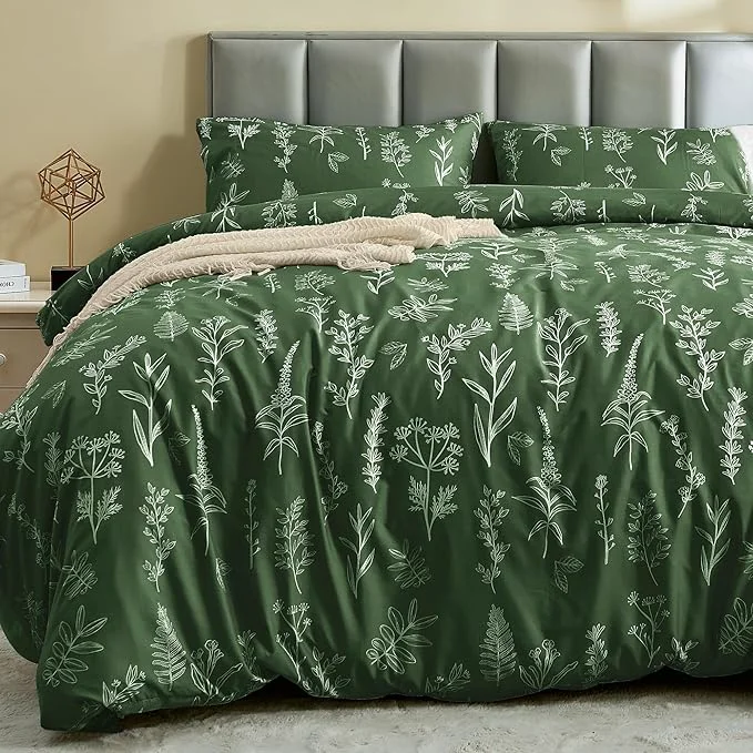 Top-Quality MUXHOMO Duvet Cover Queen Size Reversible Floral Dark Green Duvet Cover Set with Zipper Closure 3 Pieces Botanical Patterns Soft Microfiber Bedding Set with 4 Ties 90 quot x90 quot 2 Pillow Cases Dependable