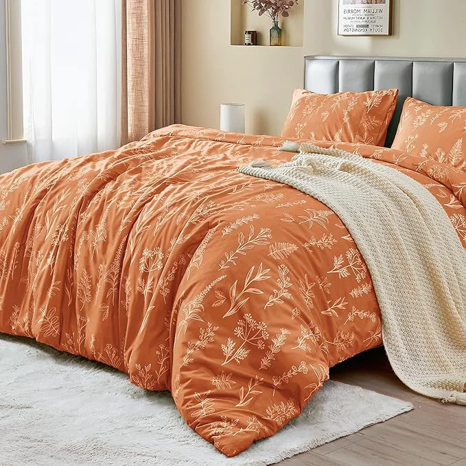 Specialty MUXHOMO Duvet Cover Queen Size Reversible Floral Caramel Duvet Cover Set with Zipper Closure 3 Pieces Botanical Patterns Soft Microfiber Bedding Set with 4 Ties 90 quot x90 quot 2 Pillow Cases Certified