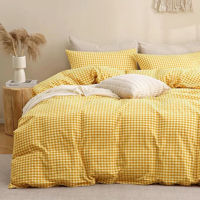 Versatile TOCOMOA Yellow Gingham Duvet Cover Bedding Set Washed Cotton Like Linen Feel Super Soft Comfortable 3 Piece Vintage Plaid Checkered Comforter Cover Set King 104 quot x90 quot Comforter Not Included Long-Lasting