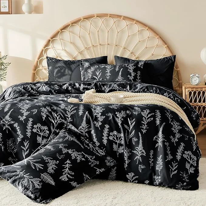 Traditional MUXHOMO Duvet Cover Queen Size Reversible Floral Black Duvet Cover Set with Zipper Closure 3 Pieces Botanical Patterns Soft Microfiber Bedding Set with 4 Ties 90 quot x90 quot 2 Pillow Cases Fine Crafted
