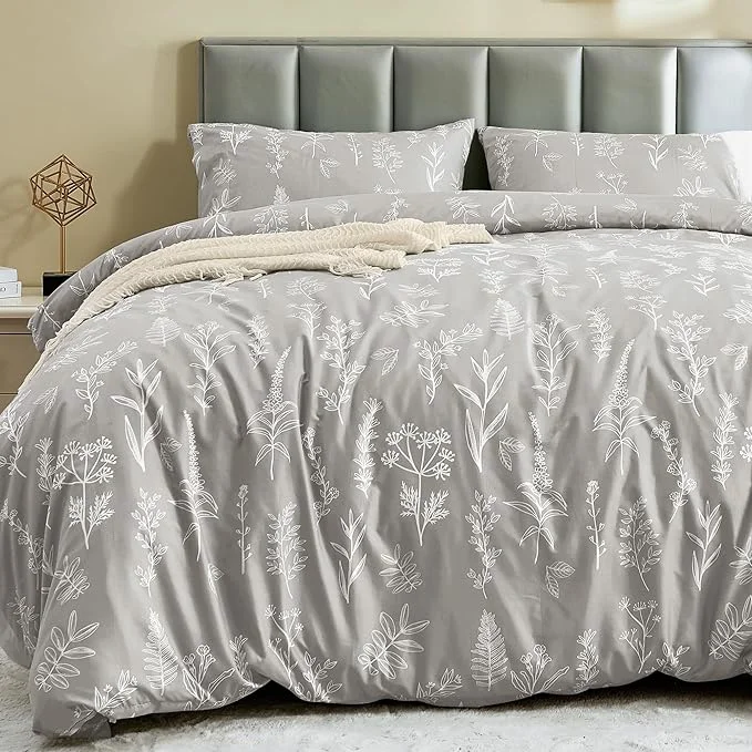 Premium MUXHOMO Duvet Cover King Size Reversible Floral Silver Gray Duvet Cover Set with Zipper Closure 3 Pieces Botanical Patterns Soft Microfiber Bedding Set with 4 Ties 90 quot x104 quot 2 Pillow Cases User-Friendly
