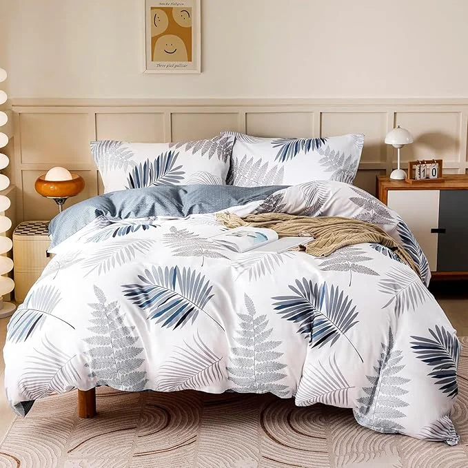 Reusable OAITE Duvet Cover Set Cotton Comforter Cover with Leaf Pattern Duvet Cover Set Soft Bedding Set Includes with 3 Piece 2 Pillow Shams 1 Duvet Cover Refined