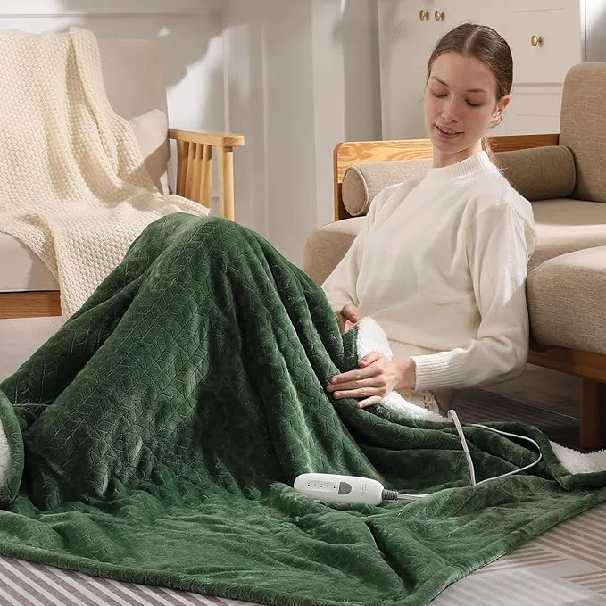 Convenient Electric Blanket Queen 84 quot x90 quot Heated Blanket Queen Size Dual Control Wheat Pattern Ultra-Soft Flannel amp Thick Sherpa with 5 Heat Settings amp 10H Auto Off FCC ETL Machine Washable Green Environmentally Friendly