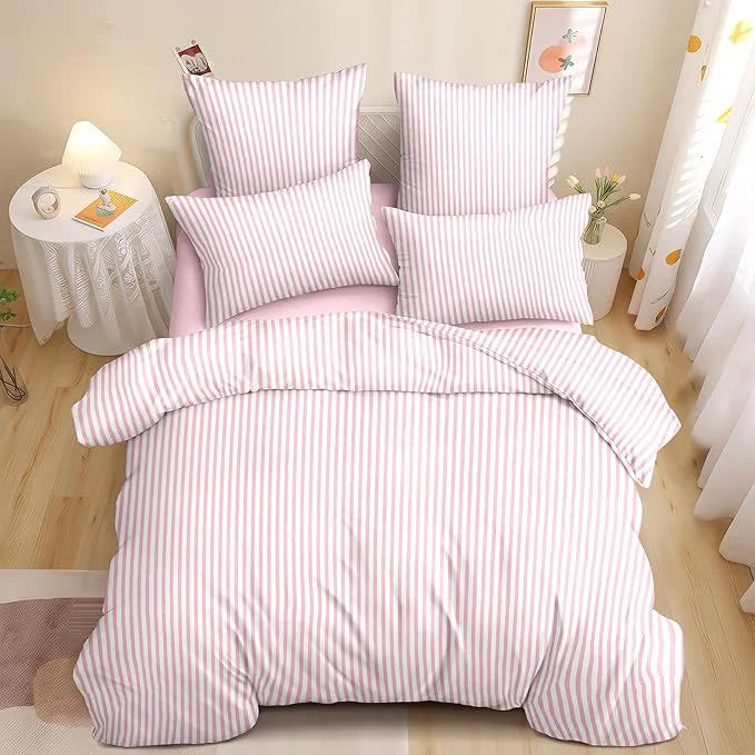 Selected Nayoroom Pink Striped Duvet Cover Queen Size White Stripe Duvet Cover Dorm Bedding Set 3 Pieces Soft Lightweight Washed Microfiber Farmhouse Bedding Set Gifts for Women Men Genuine