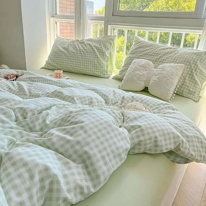 Functional Nayoroom Green Gingham Duvet Cover Full Size Plaid Dorm Bedding Set 3 Pieces Grid Checkered Duvet Cover with 2 Pillowcases Soft Breathable Washed Microfiber