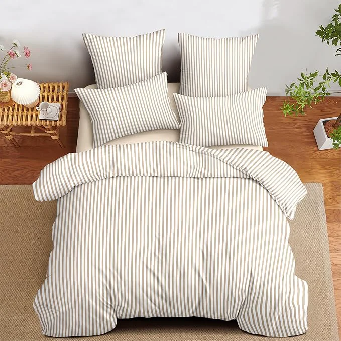 First-Class Nayoroom Tan Striped Duvet Cover Queen Size Light Brown Stripe Duvet Cover Dorm Bedding Set 3 Pieces Soft Lightweight Washed Microfiber Farmhouse Bedding Set Gifts for Women Men Elite