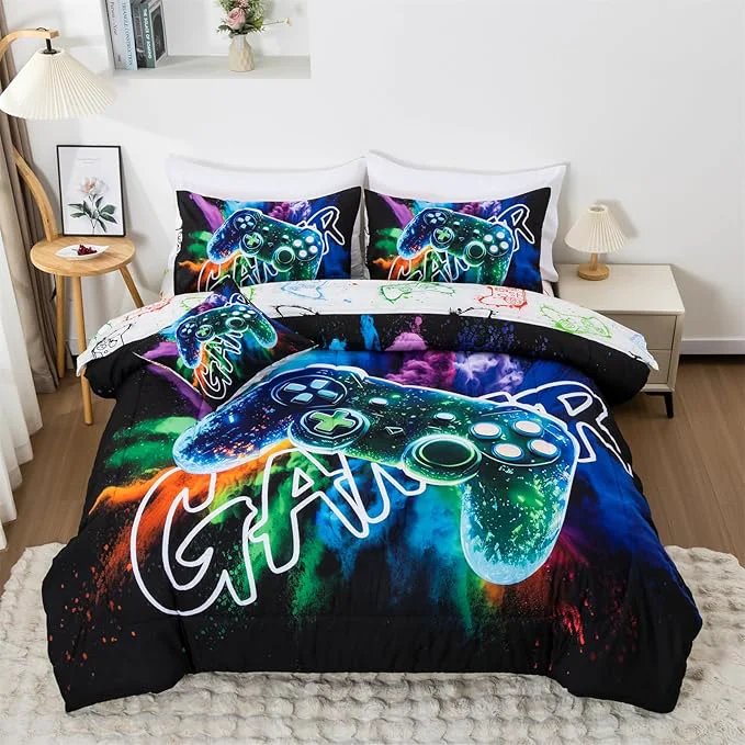 Authentic Aimuan Gamer Gaming Bedding Sets 3D Gamepad Comforter Sets for Boys Games Console Action Buttons Novelty Colorful Game Controller Modern Room Decor Home Quilt Set Black-Green Full 6Pcs User-Friendly