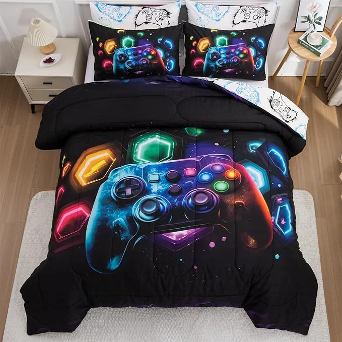 Versatile Aimuan Gamer Gaming Bedding Sets 3D Gamepad Comforter Sets for Boys Games Console Action Buttons Novelty Colorful Game Controller Modern Room Decor Home Quilt Set Black-Multi Queen 3PCS High-End