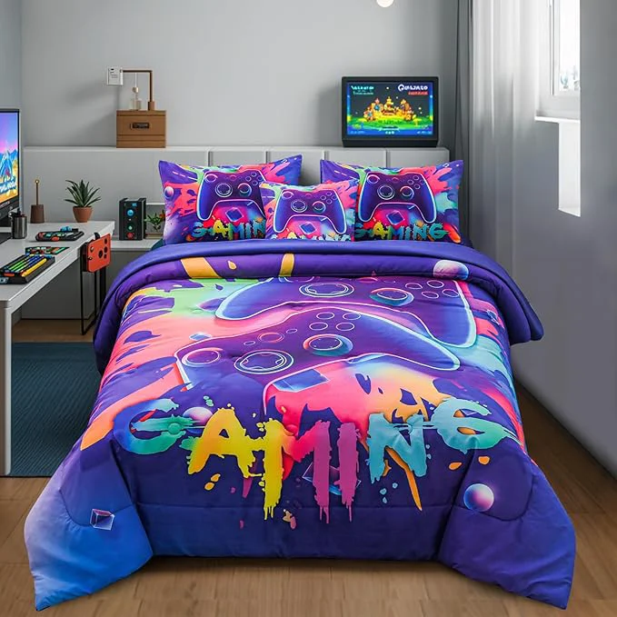 Proven Aimuan Gamer Gaming Bedding Sets 3D Gamepad Comforter Sets for Boys Games Console Action Buttons Novelty Colorful Game Controller Modern Room Decor Home Quilt Set Purple Full 6PCS Secure