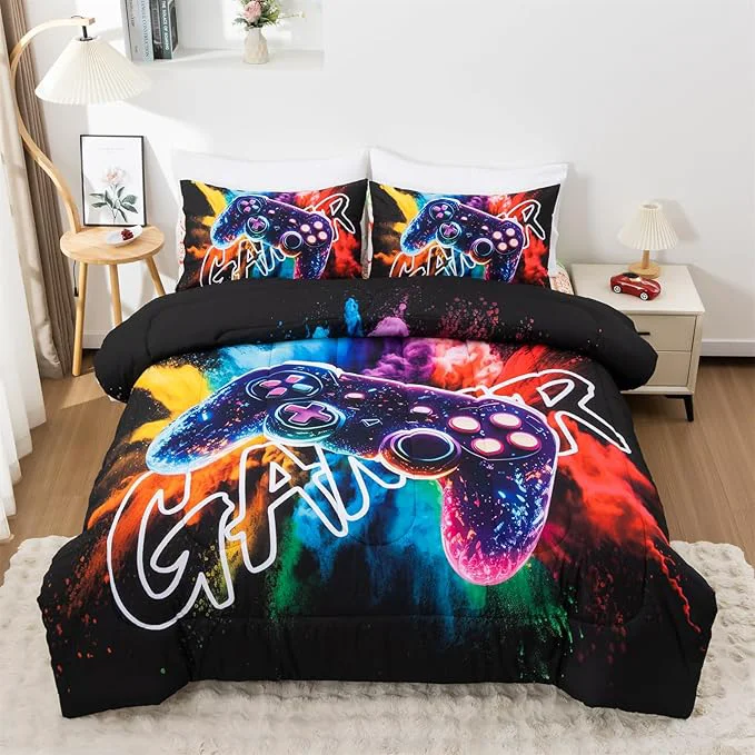 Professional Aimuan Gamer Gaming Bedding Sets 3D Gamepad Comforter Sets for Boys Games Console Action Buttons Novelty Colorful Game Controller Modern Room Decor Home Quilt Set Black-Purple Twin Safe