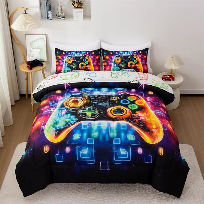 Official Aimuan Gamer Gaming Bedding Sets 3D Gamepad Comforter Sets for Boys Games Console Action Buttons Novelty Colorful Game Controller Modern Room Decor Home Quilt Set Black-Blue Twin Lightweight