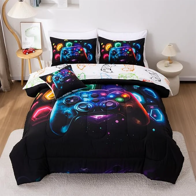 Specialty Aimuan Game Console Comforter Set for Boys Girls Kids Space Universe Gaming Geometric Lightweight Microfiber Gamer Bedding Sets Black-Multi Queen 6Pcs Stylish