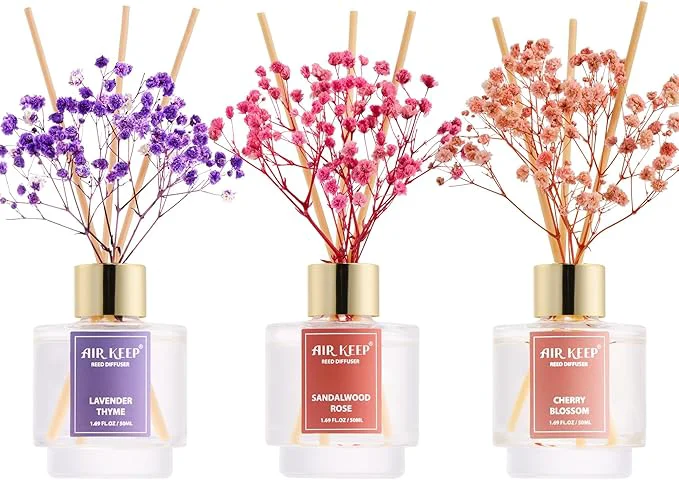 Fine Airkeep Reed Diffuser Set of 3 Lavender Thyme Sandalwood Rose Cherry Blossom Durable