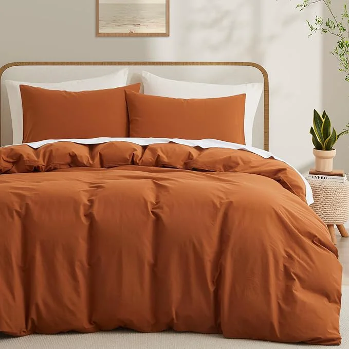 Original LOVQUE Burnt Orange Cotton Duvet Cover Queen Size Linen Like Natural Bedding Set with Zipper Closure No Comforter 90×90 Inches Optimized