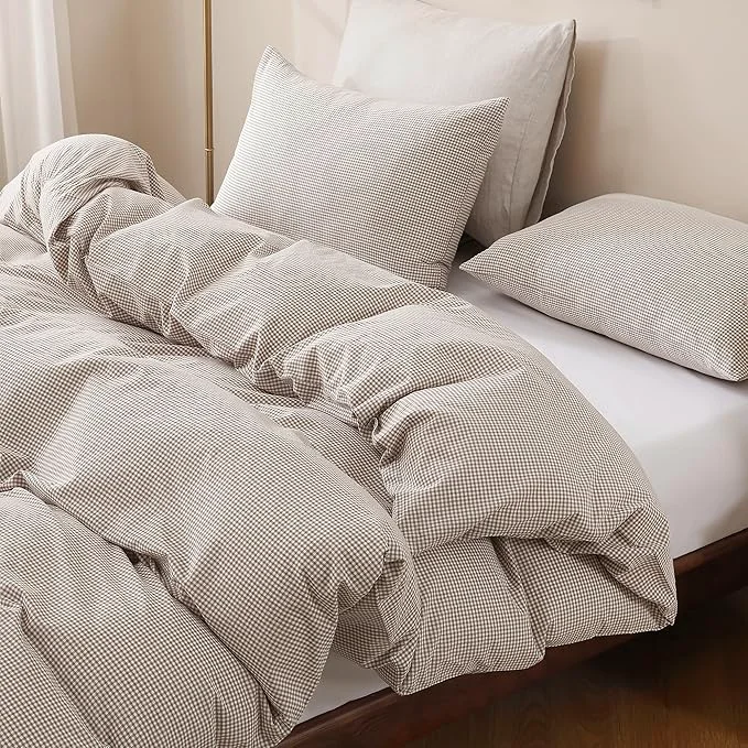 Excellent TOCOMOA Mini Gingham Tan Duvet Cover Bedding Set Washed Cotton Like Linen Feel Super Soft Comfy 3 Piece Brown Small Plaid Checkered Comforter Cover Set King 104 quot x90 quot Comforter Not Included Minimalist