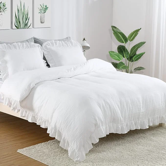 Smooth CAROMIO White Ruffle Duvet Cover Queen Size 3PCS Soft Washed Microfiber Vintage French Country Duvet Cover Set for Queen Bed White 90×90 in Specialty