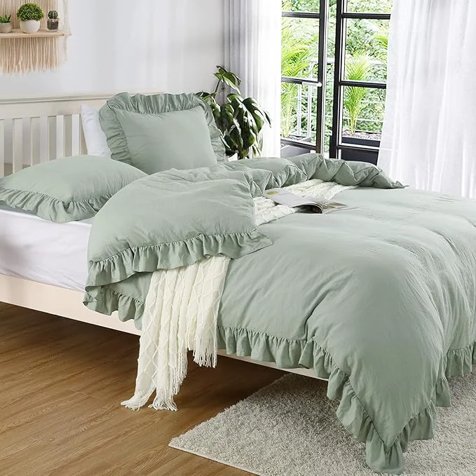 Organic Ruffle Duvet Cover King Size 3PCS Soft Washed Microfiber Vintage French Country Duvet Cover Set with Button Closure Sage Green 104×90 in Effective
