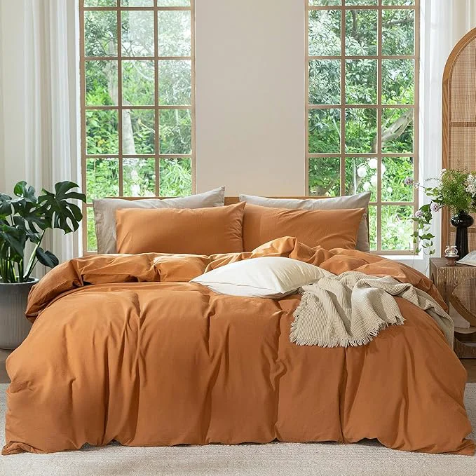 Crafted MooMee Bedding Duvet Cover Set Washed Cotton Linen Like Textured Breathable Durable Soft Comfy Solid Burnt Orange Full 80 quot x90 quot Effective