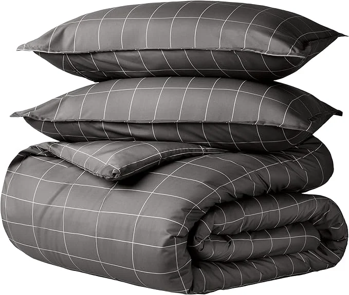 Functional Bare Home Bedding Duvet Cover Queen Size – Premium 1800 Super Soft Collection – Lightweight Duvet Cover – Soft Textured Bedding Queen Grid – Grey White Artisan