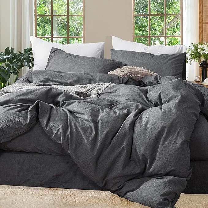 Recyclable MooMee Bedding Duvet Cover Set Washed Cotton Linen Like Textured Breathable Durable Soft Comfy Heathered Dark Grey Super Queen 90 quot x98 quot Clean