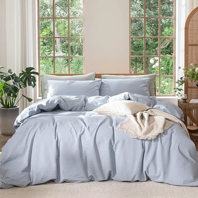 Effective MooMee Bedding Duvet Cover Set Washed Cotton Linen Like Textured Breathable Durable Soft Comfy Heathered Cornflower Blue Twin 68 quot x90 quot High-End