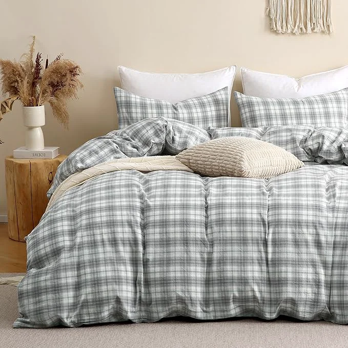 Responsible TOCOMOA Plaid Duvet Cover Set Washed Cotton Like Linen Feel Super Soft Comfy 3 Piece Grey and Green Gingham Checkered Bedding Comforter Cover Set Queen 90 quot x90 quot Comforter Not Included Advanced