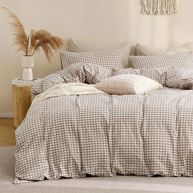 Original Design TOCOMOA Tan Gingham Duvet Cover Bedding Set Washed Cotton Like Linen Feel Super Soft Comfy 3 Piece Brown Plaid Checkered Comforter Cover Set Oversized King 120 quot x98 quot Comforter Not Included Certified