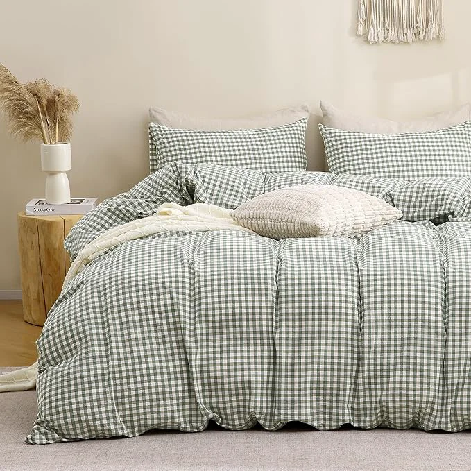 Reliable TOCOMOA Green Gingham Duvet Cover Bedding Set Washed Cotton Like Linen Feel Super Soft Comfy 3 Piece Vintage Plaid Checkered Comforter Cover Set Oversized Queen 98 quot x98 quot Comforter Not Included Easy-to-Use
