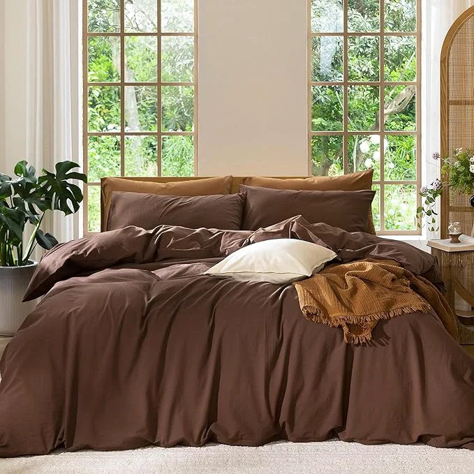 Enhanced MooMee Bedding Duvet Cover Set Washed Cotton Linen Like Textured Breathable Durable Soft Comfy Solid Cocoa Brown Super King 108 quot x98 quot First-Class