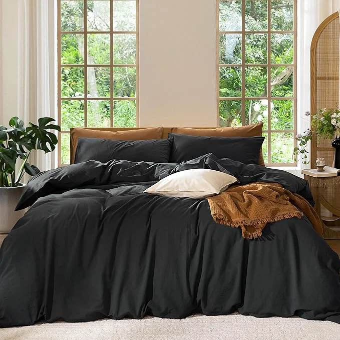 Authentic MooMee Bedding Duvet Cover Set Washed Cotton Linen Like Textured Breathable Durable Soft Comfy Solid Black Super King Plus 120 quot x120 quot Casual