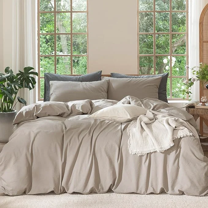 Safe MooMee Bedding Duvet Cover Set Washed Cotton Linen Like Textured Breathable Durable Soft Comfy Solid Light Tan Oversized Queen 98 quot x98 quot Easy-to-Use