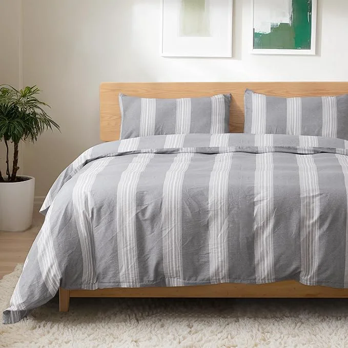 Quality TOCOMOA Striped Duvet Cover Set Natural Cotton Soft Comfy Breathable 3 Piece Light Grey and White Pattern Printed Comforter Cover Bedding Set Queen 90 quot x90 quot Comforter Not Included Refined