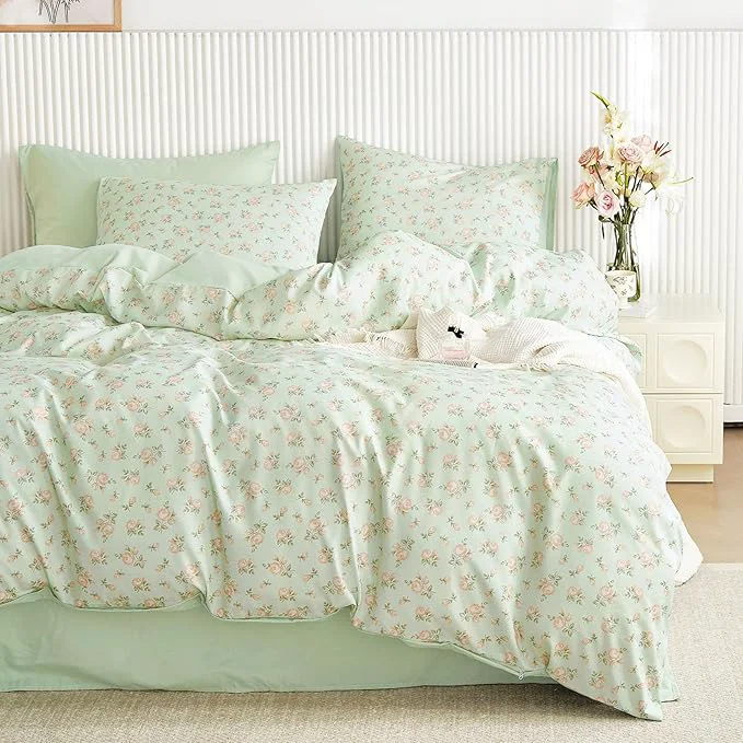 Powerful Wake In Cloud – Coquette Duvet Cover Set Floral Cottagecore Flower Shabby Chic Cute Aesthetic Soft Lightweight Bedding for Women Teen Girls 3-Piece Green Pink Queen Size Professional
