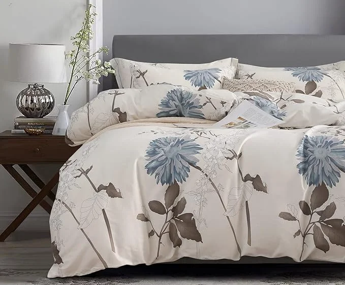Easy-to-Use SLEEPBELLA Duvet Cover King 600 Thread Count Cotton Botanical Flowers Pattern Printed Reversible Comforter Cover Solid