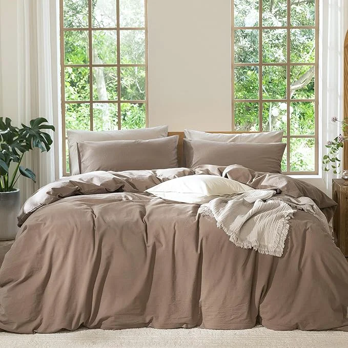 Trendy MooMee Bedding Duvet Cover Set Washed Cotton Linen Like Textured Breathable Durable Soft Comfy Solid Brown Queen 90 quot x90 quot Crafted