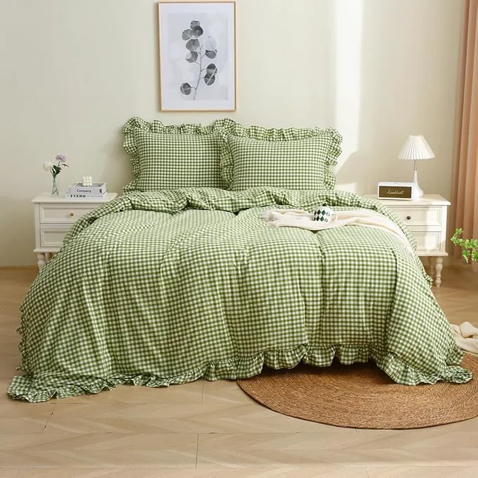 Enhanced Olive Green White Checkered Ruffle 3-Piece Duvet Cover Set Twin Size Washed Cotton Shabby Gingham Plaid Bedding Set Farmhouse Comforter Set Twin Olive Green Elite