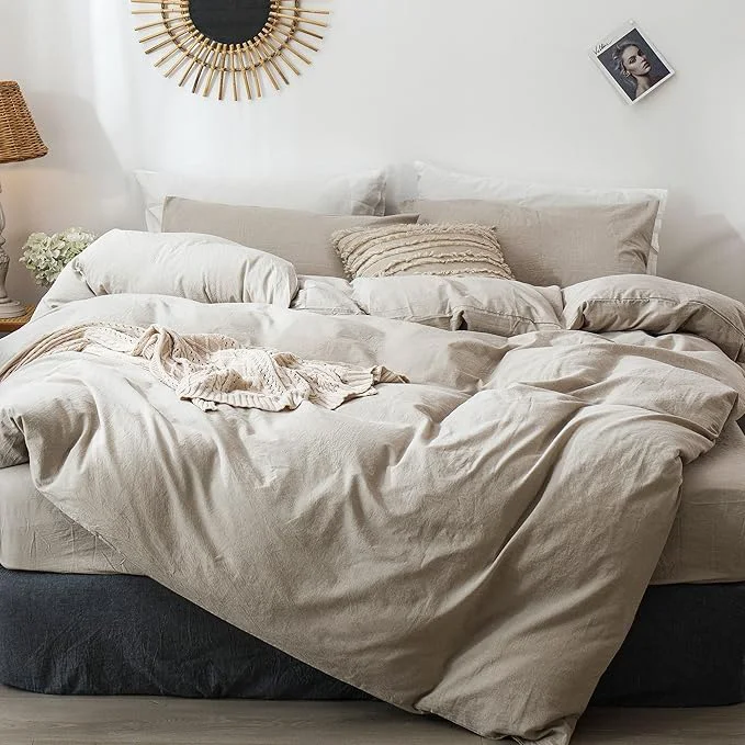 Smooth MooMee Bedding Duvet Cover Set Washed Cotton Linen Like Textured Breathable Durable Soft Comfy Heathered Tannish Linen Grey Alaska King 132 quot x120 quot Pure