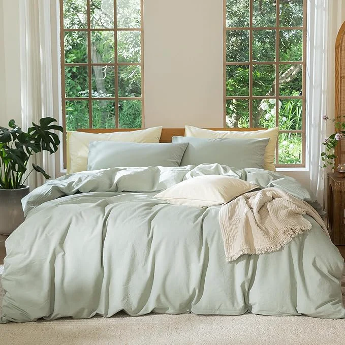 Premium MooMee Bedding Duvet Cover Set Washed Cotton Linen Like Textured Breathable Durable Soft Comfy Heathered Sage Green Super Queen 90 quot x98 quot High-Grade