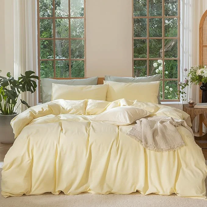 Flexible MooMee Bedding Duvet Cover Set Washed Cotton Linen Like Textured Breathable Durable Soft Comfy Heathered Butter Yellow King 104 quot x90 quot