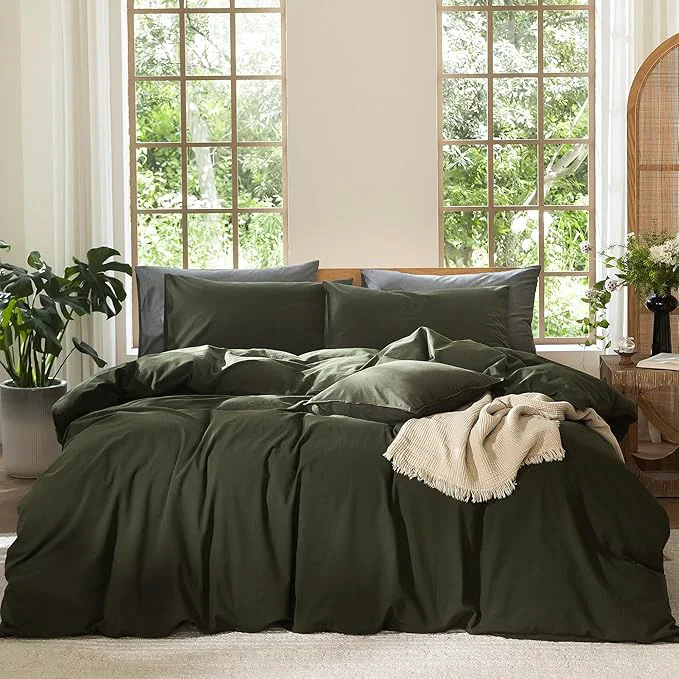 Sophisticated MooMee Bedding Duvet Cover Set Washed Cotton Linen Like Textured Breathable Durable Soft Comfy Solid Olive Green Super Queen 90 quot x98 quot Professional