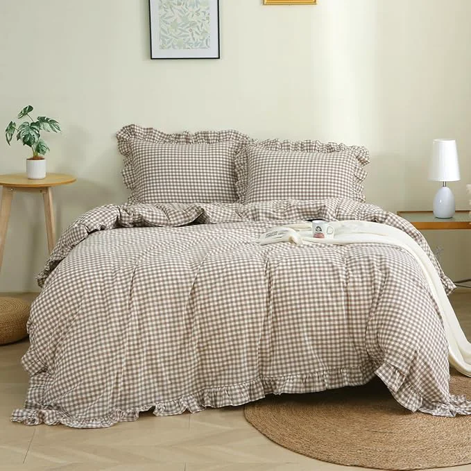 Clean Taupe White Plaid Ruffle Duvet Cover Twin Size Washed Cotton 3 Pcs Vintage Checkered Chic Gingham Bedding Set Comforter Cover Set Exceptional
