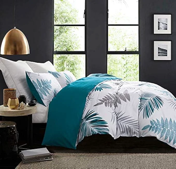 Top-Quality Duvet Cover Set 600 Thread Count Cotton White Leaf Floral Pattern Print Reversible Comforter Cover Set King Peacock Blue-Leaf Convenient